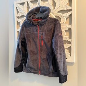 Plush Gray and Red Hooded Jacket